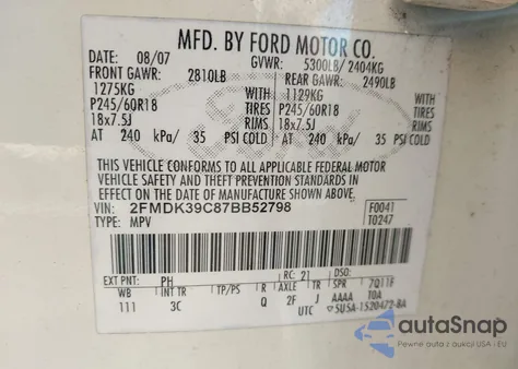 2007 Ford Edge Sel Plus from USA, damaged, VIN 2FMDK39C87BB52798
